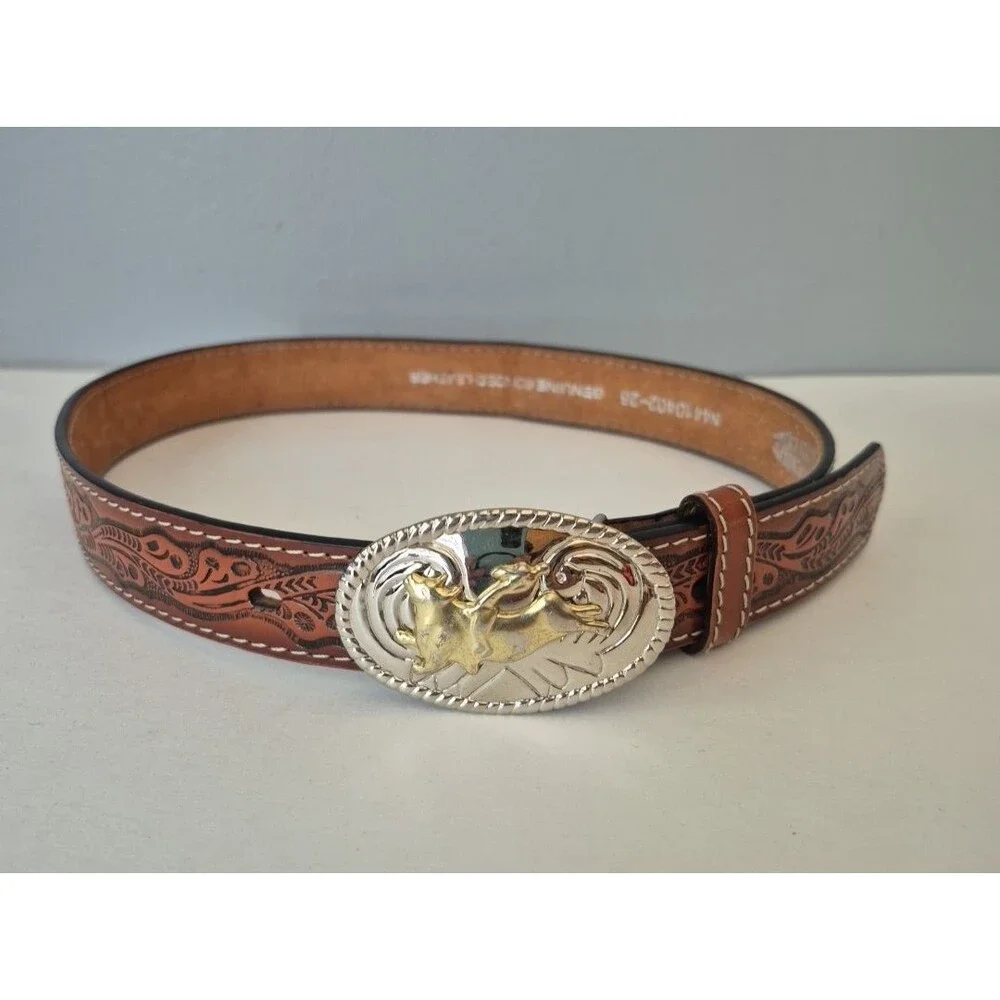 Nocona Brown Tooled Floral Genuine Bonded Leather Bull Rider Belt Boys 31 IN